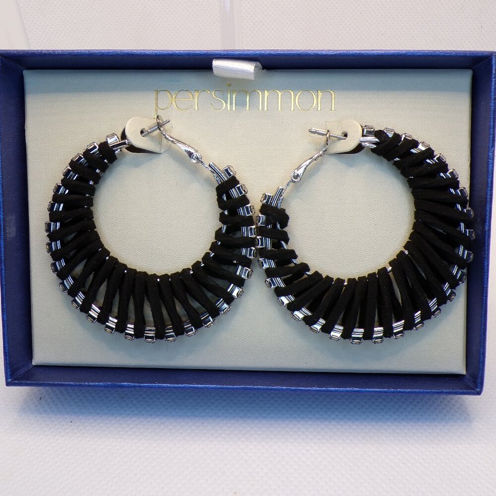 Persimmon Crystal Black Leather Hoop Earrings